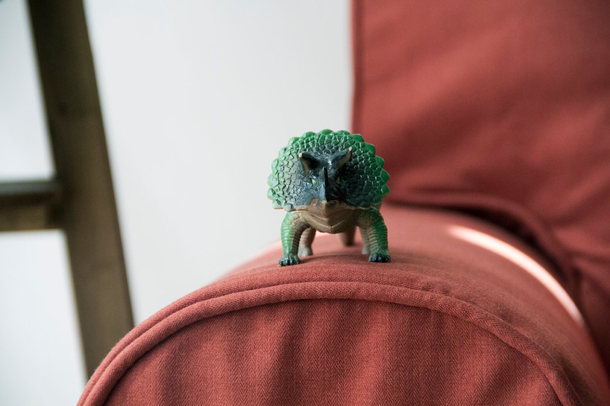 A cute Triceratops on top of the armrest of an Ektorp sofa with a custom sofa cover set in Shire Rust by Comfort Works