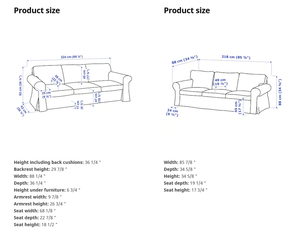 IKEA Uppland VS Ektorp dimensions