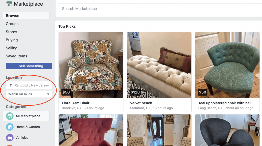 Facebook Marketplace furniture sofas screenshot