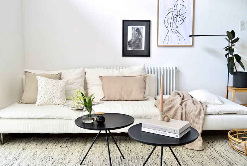 sofa with white linen slipcovers