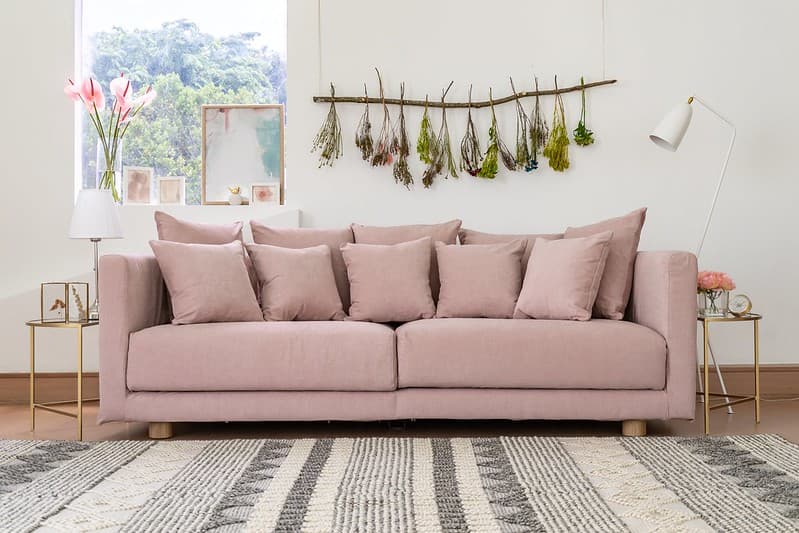 IKEA Stockholm sofa in pink slipcovers