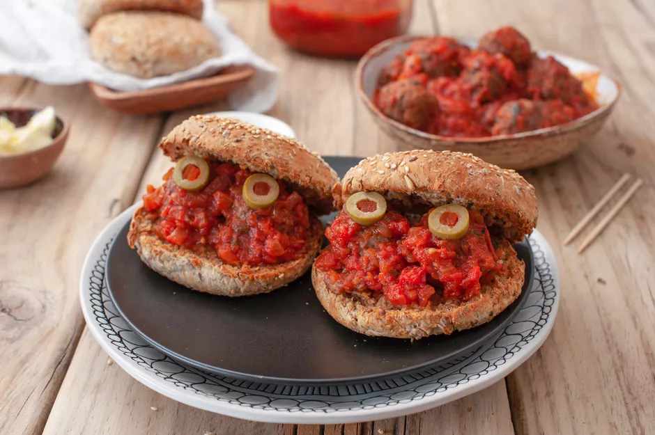 meatball sandwiches with olive eyes for halloween