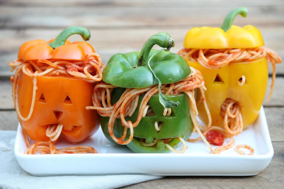 spaghetti in carved bell peppers halloween Jack-O'-Lantern